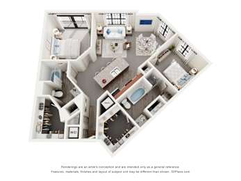 A 3D floor plan of a house with labeled rooms.