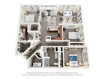 A 3D floor plan of a house with a kitchen, living room, bedrooms and bathrooms.