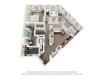 A 3D floor plan of a house with a kitchen, living room, and bathrooms.
