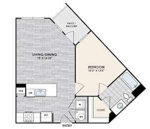 A floor plan of a home with a living/dining area, a bedroom, and a closet.