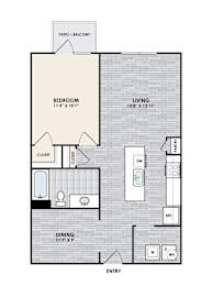 A floor plan of an apartment with a bedroom, living room, and dining room.