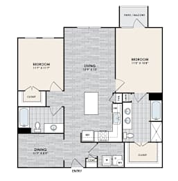 A floor plan of an apartment with two bedrooms, a living room, a dining room, a kitchen, and a bathroom.