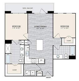 A floor plan of a home with two bedrooms, a living/dining area, a patio/balcony, a fan, a refrigerator, a clothes washer and dryer, and a coat closet.