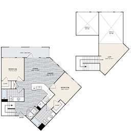 A floor plan of a house with a living room, dining room, bedrooms and a loft.