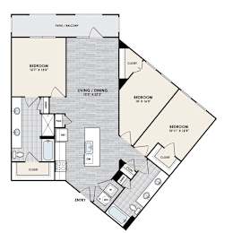 A floor plan of an apartment with three bedrooms and a living/dining area.