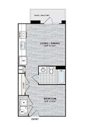 A floor plan of a small apartment with a living room, dining room, bedroom, and bathroom.