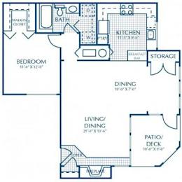 A blueprint of a house layout with labeled rooms such as Bedroom, Kitchen, Dining, and Patio/Deck.
