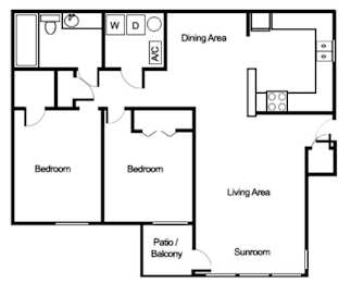 A floor plan of a house with two bedrooms, a living area, a dining area, a kitchen, a patio/balcony, and a sunroom.