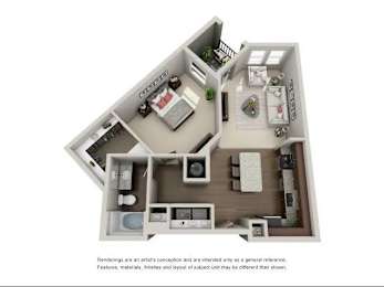 A 3D rendered image of a house layout with a kitchen, living room, and two bedrooms.