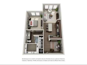 A 3D rendered image of a small apartment layout.