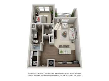 A 3D rendered image of a small apartment layout.