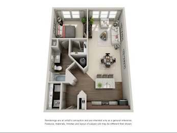 A 3D rendered image of a small apartment layout.