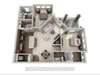 A 3D rendered image of a house layout.