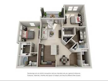A 3D floor plan of a house with a kitchen, living room, and two bedrooms.