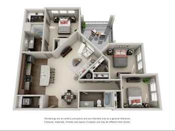 A 3D floor plan of a house with multiple rooms and furniture.