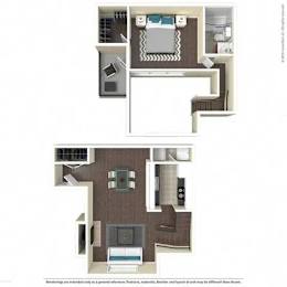 A floor plan of a house with two bedrooms, a living room, a kitchen, and a bathroom.