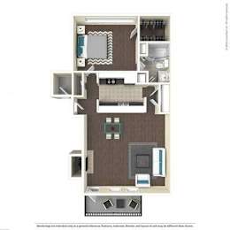 A floor plan of a small apartment with a kitchen, living room, and bathroom.