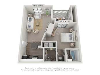 A 3D floor plan of a small apartment with a kitchen, living room, and bedroom.