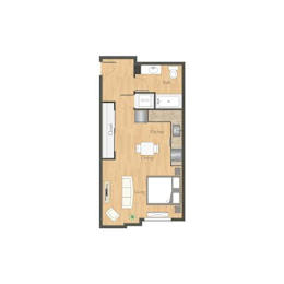 A floor plan of a house with a living room, dining room, kitchen, and bathroom.
