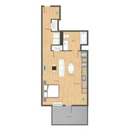 A floor plan of a house with a living room, dining room, kitchen, and two bedrooms.