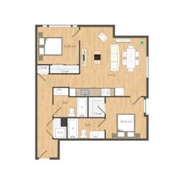 A floor plan of a house with two bedrooms, a living room, a kitchen, a bathroom, and a laundry area.