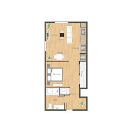 A floor plan of a small apartment with a bedroom, living room, kitchen, and bathroom.