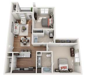 A 3D floor plan of a small apartment with a kitchen, living room, and bedrooms.