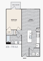 A floor plan of an apartment with a bedroom, living room, and closet.