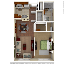A 3D floor plan of a small apartment with a living room, kitchen, and bedroom.