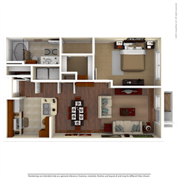 A 3D floor plan of a small apartment with a kitchen, living room, and bedroom.