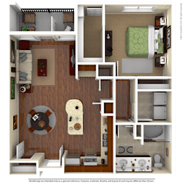 A 3D floor plan of a small apartment with a kitchen, living room, and bathroom.