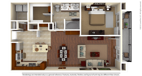 A 3D rendered image of a house layout.
