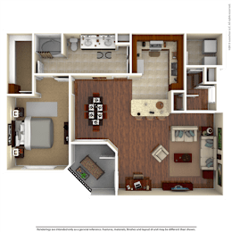 A 3D rendered image of a house layout.