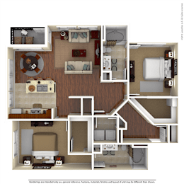 A 3D floor plan of a house with a kitchen, living room, and bathroom.