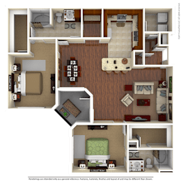 A 3D floor plan of a house with a kitchen, living room, and bedrooms.