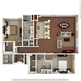A 3D floor plan of a house showing the layout of the rooms.