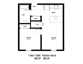 1-Bed - Island Floor Plan at Moraine, Tacoma