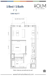 A floor plan for a 1 Bed/1 Bath unit at Holm Sellwood.