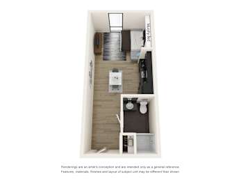 a floor plan of a studio apartment with a bedroom and a living room