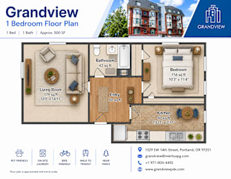 A floor plan for a 1 bedroom apartment at Grandview.