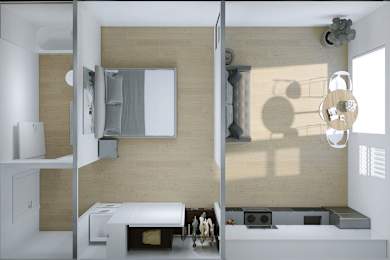 A modern kitchen with a white counter top and a white sink.