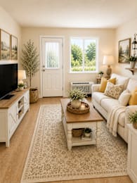Cozy living room with farmhouse style furnishings at Laurel on 2nd Apartments, Newberg, OR