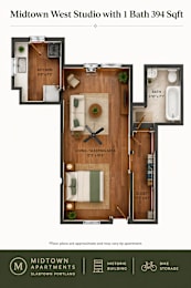 A floor plan of a studio apartment with Midtown West Studio.