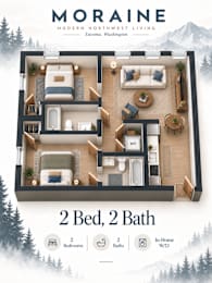 A floor plan for a Moraine property in Tacoma, Washington, shows a 2 bedroom, 2 bathroom unit with in-home WIFI.