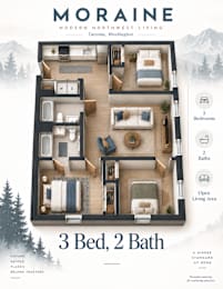 A floor plan for a 3 bedroom, 2 bathroom apartment at Moraine in Tacoma, Washington.
