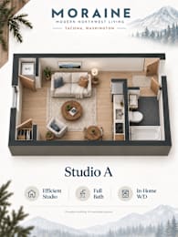 A living room with a couch, a coffee table, and a plant is shown in a real estate listing for a property called Moraine.