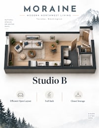 A modern living space in Tacoma, Washington is advertised, featuring Studio B with an efficient open layout, full bath, and closet storage.