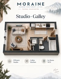 A floor plan of a studio apartment with a kitchen, living room, and bathroom.