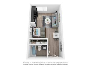 A small apartment with a kitchen, living room, and bathroom.