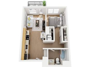 A top-down view of a small, neatly organized apartment with a kitchen, living room, and bathroom.